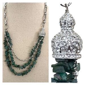 QVC Joan Boyce Faux Jade Silver Crown Triple Strand Green Layered Necklace NEW